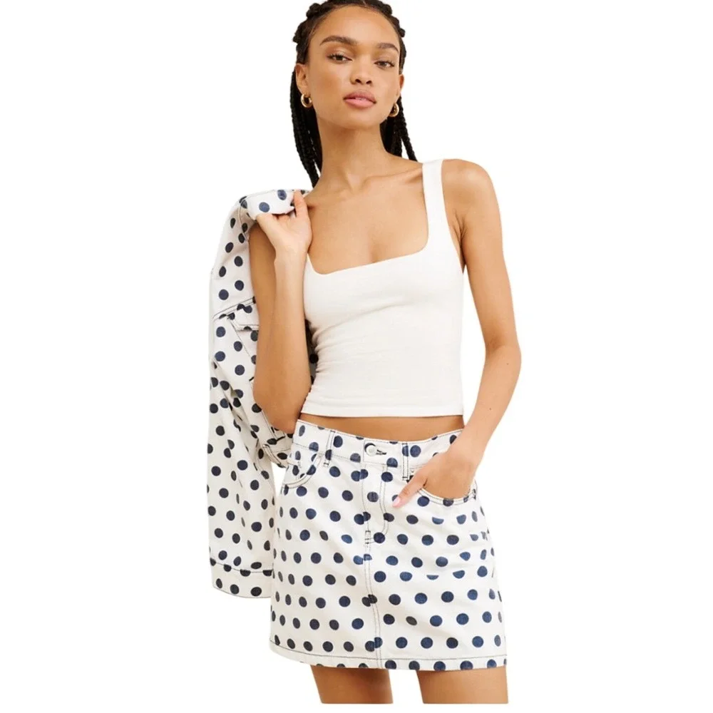 Jeanerica Lea White Dotted Denim Polka Dot Mini Skirt Size 6-8 US/40 EU‎